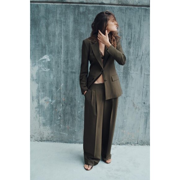 Zara Womens Blazer Suit Jacket Large LDark Khaki Longline Straight 8073/344 NWT - Picture 1 of 16